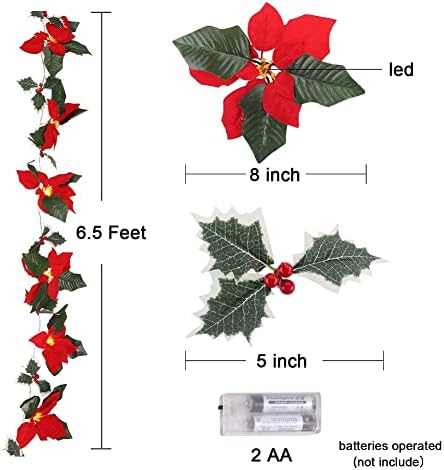 Fasyou 6,5 pés pré -iluminada guirlanda de natal Poinsettia com bagas vermelhas e folhas de azevinho, Garland de poinsétia de veludo