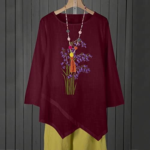 Linho de algodão feminino top irregular e largo versátil manga longa de colagem de pescoço camiseta casual blusas de estampa floral confortável