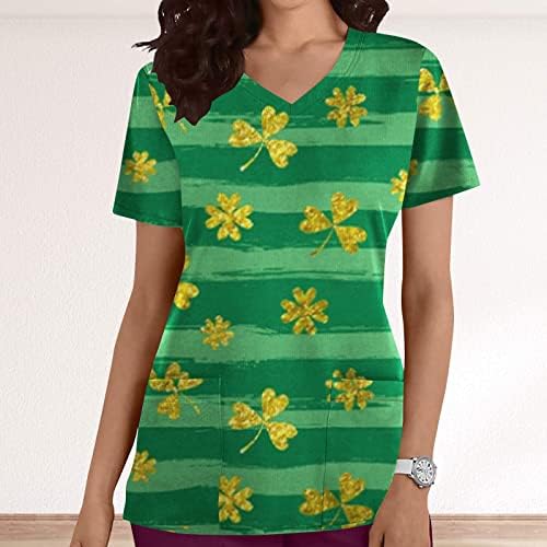 Camiseta do outono de verão para meninas roupas de moda de manga curta V Gráfico de pescoço Scrub St. Patrick's Day Top com bolsos