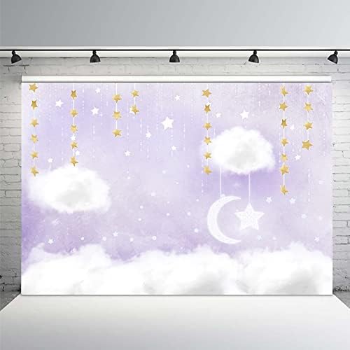 Mehofond 7x5ft roxo e branca nuvem fotográfica pano de fundo do príncipe aniversário menina de bebê decorações de festas de chá de bebê pendurado em estrelas douradas biskinkle little stars fotografia bandeira de fundo