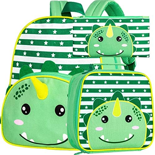 FTJCF 3PCS Backpack para meninos, Bolsa de Jardim de Ingarten de Dinossauros de 12 , Bolsa de Escola Infantil em Administração de Dinossauros com Lunhana - Verde