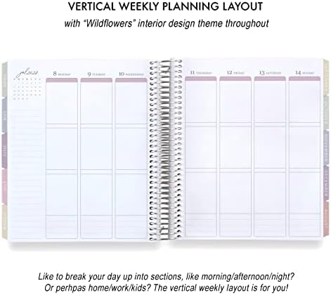 7 x 9 Planner de vida em espiral em espiral - 2023 na tampa metálica de floração + páginas internas de flores silvestres. Agenda semanal e mensal vertical por Erin Condren