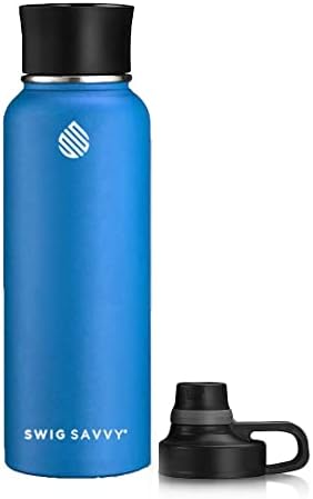 Swig Savvy Sports Water Bottle, aço inoxidável isolado a vácuo, parede dupla, boca larga 2 tampa à prova de vazamentos, térmicos de