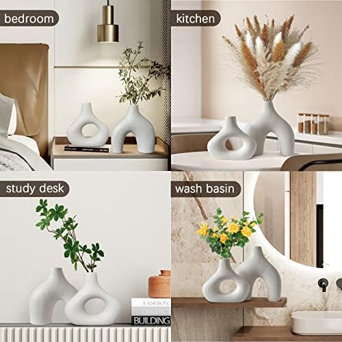 Conjunto de vasos de cerâmica de 2 vasos brancos para decoração de casa moderna, boho neutro para lareira quartos de cozinha centerpieces da mesa de escritório