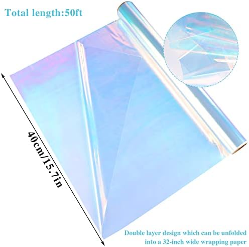 Pengxiaomei 32in x 50 pés Iridescent Celofane Wrap for Gift Bestkets Flower Paper Paper Holography Celophane Roll para presente