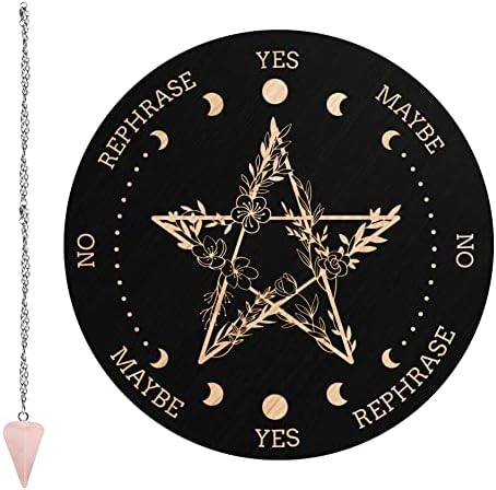 Craspire Pendulum Board Pentagram Flower Dowsing Divination Metafysical Message Board 7.9 polegadas de madeira Carven Board com rosa quartzo de cristal de cristal pêndulo
