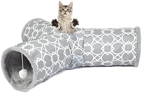 Túnel de gato geométrico de Luckitty com pelúcia por dentro, Cats Toys Tunnel Collapsível Tubo com bolas, para coelhos,