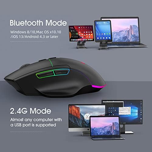 Mouse de jogos sem fio Vegcoo, C8 Silent Click Rechargable Mouse sem fio com luzes LED coloridas e Multi dispositivo Bluetooth