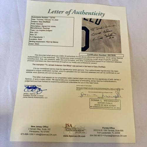 Gary Sheffield assinou o jogo usado 2001 Los Angeles Dodgers Jersey com JSA Coa - MLB Game usado Jerseys