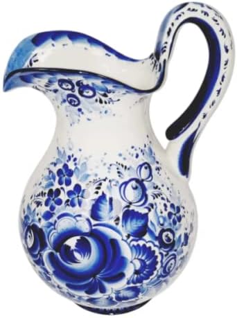 Jarra de porcelana, jarro, jarra, panela 169,07 fl oz de cor branca e azul russo gzhel arte pintada à mão floral para leite e qualquer bebida decoração de cozinha e cenário de mesa.