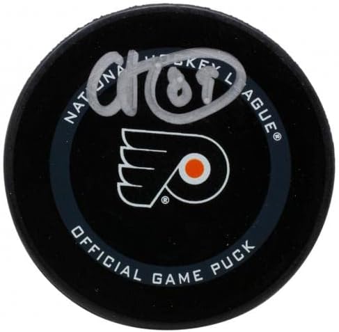 Cam Atkinson assinou o Flyers Official NHL Game Hockey Puck com fanáticos por caso - Pucks autografados da NHL