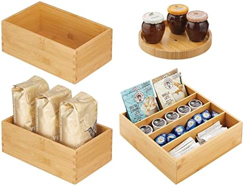 Mdesign Bamboo 9 redondo lento Susan Turtable, caixas de armazenamento divididas e combinação de contêineres pequenos para armário de cozinha, despensa, geladeira ou bancada - Conjunto de 4 - Natural/Tan