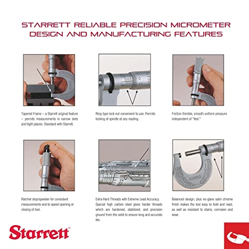 Starrett fora do micrômetro definido com termos de atrito de uma peça, acabamento cromado de cetim e estrutura cônica - faixa