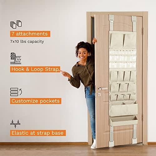Sobre a porta Organizador pendurado Montagem de parede Premium durável com 7 bolsos grandes exclusivos ganchos de porta