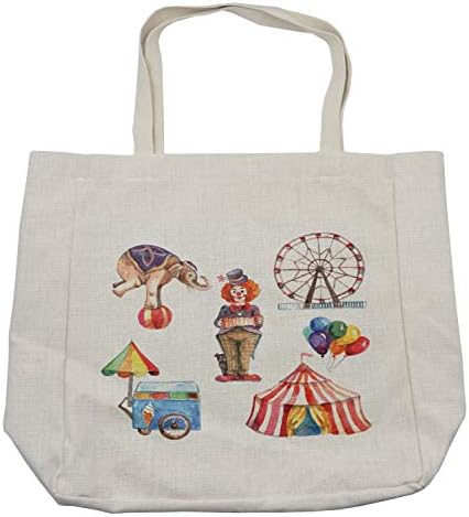 Bolsa de compras de Circus Ambesonne, elementos de circo com balões de elefante de palhaço Ilustração aquarela de carrinho de