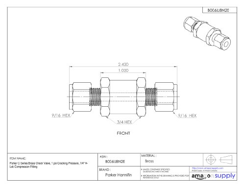 Válvula de retenção de latão da série Parker C, pressão de rachaduras de 1 psi, ajuste de compressão de 3/4 A-LOK