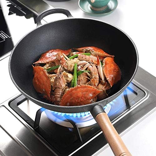 GYDCG WOK de fundo liso de cozinha asiática, aço carbono com tampa e spatula fry fry, receitas incluídas