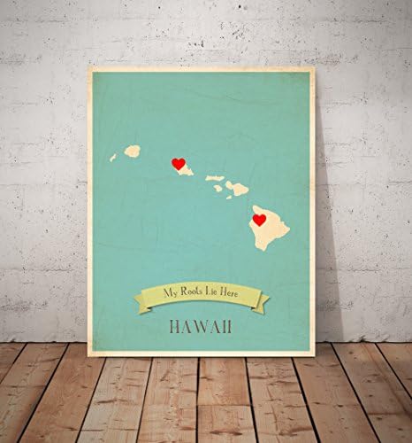 Minhas raízes Havaí mapa de parede personalizada 11x14, Arte da parede do mapa do Havaí infantil, mapa do estado vintage do Havaí