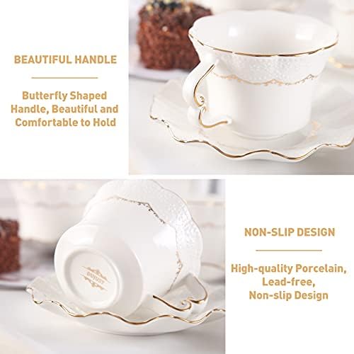 Conjunto de chá e pires de chá de 6 anos, xícara de chá de luxo com acabamentos dourados, copos de café de impressão de alívio com suporte de metal, British Royal Porcelain Tea Party Set - White