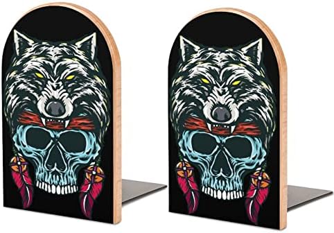 Lobo de Wolf e Skull Native Livro de Madeira Impressa Ends Non-Skid Decor BookEnd Small for Office Home 1 par