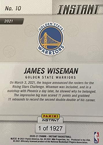 2021 Panini James Wiseman Rookie Card Rising Stars Basketball Card - um dos únicos 1927 cartões impressos - Golden