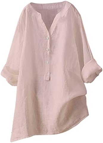 Camisas femininas de verão yfjrbr linho de algodão largo ajuste plus size s-5xl manga curta v Botões de lapela de pescoço