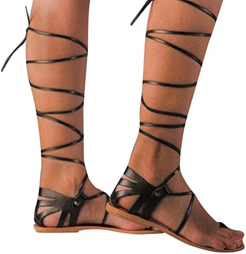 Sandálias planas femininas tiras de sandálias romanas anel de dedão de dedos casuais sandálias ao ar livre lace-up sandálias de caminhada respirável