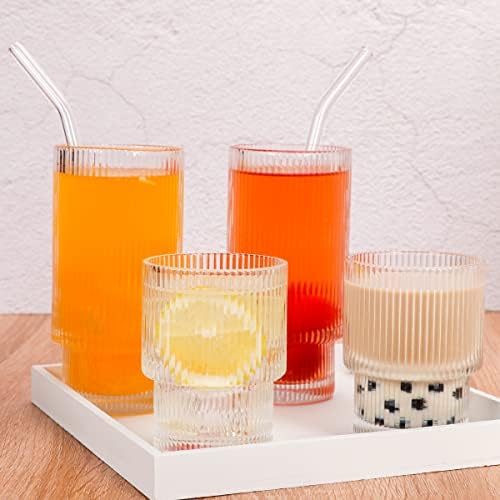 Swetwiny Ritbed Drinkleses, 2 óculos de pacote Highball e 2 pacote pequenos copos de uísque, vidro com estrias de origami para coquetel de refrigerante com refrigerante de refrigerante