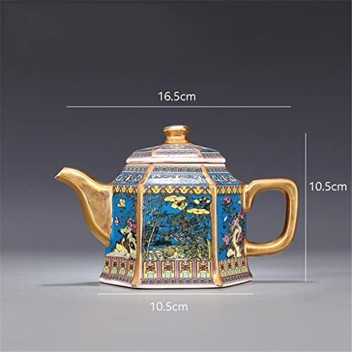 Kutdyk azul vintage bule de ouro do esmalte vintage com alça de bule hexagonal de bule de chá e padrão de pássaro antigo pote de cerâmica
