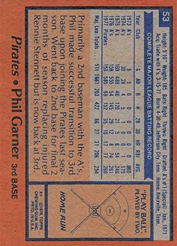 1978 Topps #53 Phil Garner Pittsburgh Pirates DP MLB Baseball Card Ex excelente