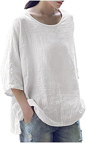 Mulheres redondo pescoço sólido sólido de manga de três quartos de algodão blusa camiseta slim algodão top túnicos básicos tee tops moda
