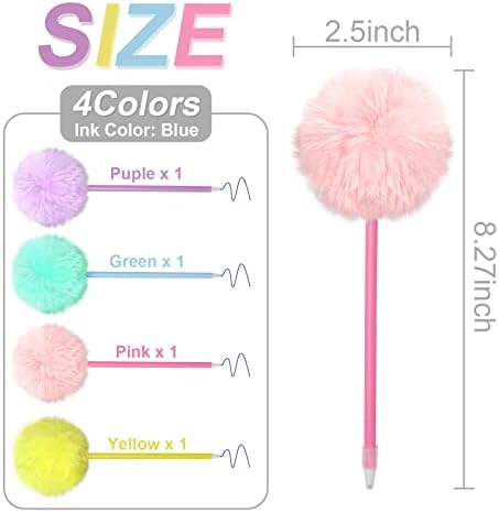 Sbyure 4 pacote pom pom canetas fofas canetas fofas para meninas canetas confusas para o escritório da escola, tinta de gel azul,