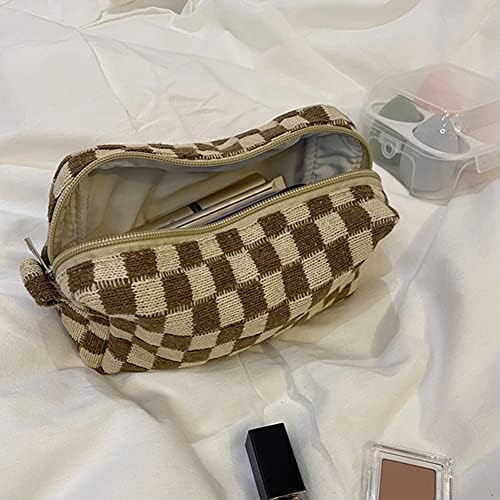 Bolsa de maquiagem quadriculada, bolsa de maquiagem de 2 peças para mulheres, saco de higiene pessoal verde rosa de viagem com
