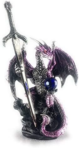 Não é bom dragão estátua roxa com espada de dragão medieval e bola de cristal colecionável dragão figure fantasia medieval décor, 4 x 2 x 7 polegadas