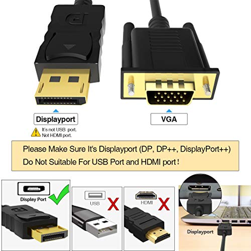 FOBOIU DisplayPort para VGA, DisplayPort para VGA Adaptador 6 pés DP para VGA Cable conecta a porta DP do desktop