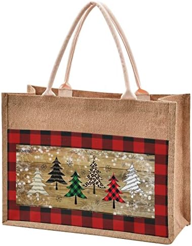 Buffalo Plaid Christmas Tree Jute Tote Bag Winter Flakes de neve de XMAS Reutilizável Bolsa de compras de mercearia Reutil