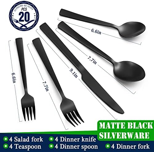 Conjunto de talheres pretos foste para utensílios de utensílios pretos de 4, 20 peças, conjunto de talheres de mesa de aço inoxidável