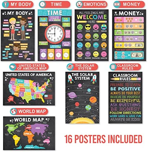 16 Posters educacionais de crianças coloridas para crianças pequenas - Posters de aprendizado pré -K para crianças pequenas 1-3, materiais de infância do jardim de infância, pôster de alfabetismo para crianças pequenas, pôsteres de professores para pôsteres de sala de aula Posters