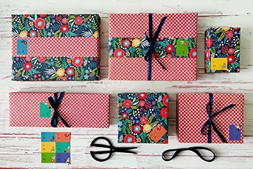 Ecoartte Farm House Floral Complete embrulhamento Conjunto de papel, inclui: 6 folhas reversíveis 28 ”x20”, 6 etiquetas de presente adesivas e 3 jardas de fita. O papel é reciclável, ótimo para aniversários e mais