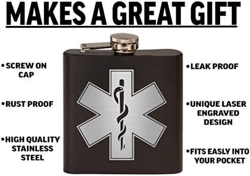 EMT Logo Star of Life Stainless Stone Hip Flask Premium Boxed Gift Set Black Matte faz um ótimo presente para ele, pai, pai, paramédico