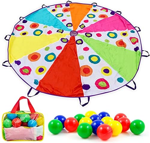 Wemove Sports Parachute for Kids with Handles-arco-íris multicolorido com 16 bolas em bolsa de transporte, brinquedo