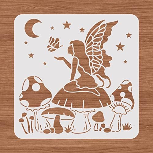 BENECREAT 12X12 Dream Fairy Theme Plástico Estomncils, Lua de cogumelos Estrela Cutups de fadas Modelo de pintura para pintura, queima de madeira, pirografia e artesanato de gravura