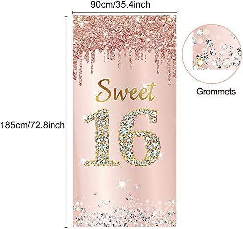 Doce de Banner de 16 anos, decorações de cenário para meninas, ouro rosa rosa Feliz aniversário de 16º aniversário da porta de capa de capa de capa, suprimentos, de dezesseis anos de idade