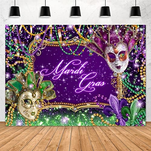 Aperturee Masquerade Party Beddrop 7x5ft Mardi Gras Green e Purple Máscara Glitter Pearls Diamantes