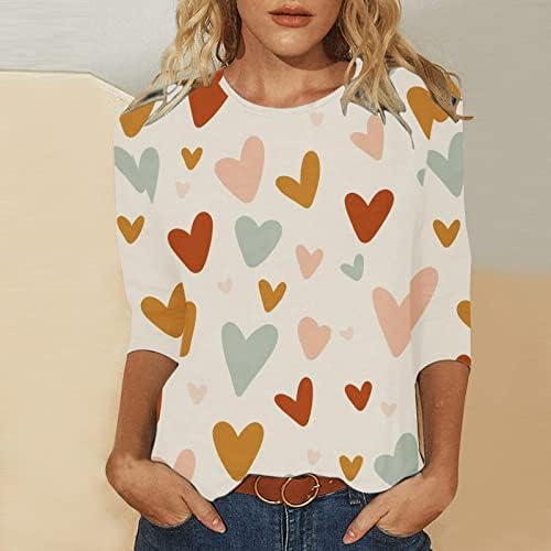Camisa do dia dos namorados para mulheres Pullover de estampa de coração fofa 3/4 de manga tops bloqueio de túnicas de túnicas de colheita