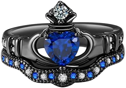 2023 Nova Lady Popular segura Sapphire Heart Shaped Crown Rings Acessório de joias Presentes Tamanho 5 a 12 Presente de anel