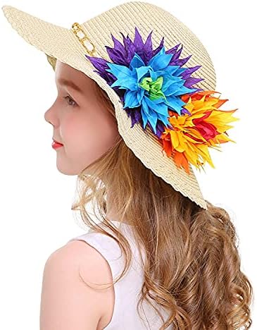 Bienvenu Kids Girls Multi-Colors Large Brim Flower Praia Sun Chapéus