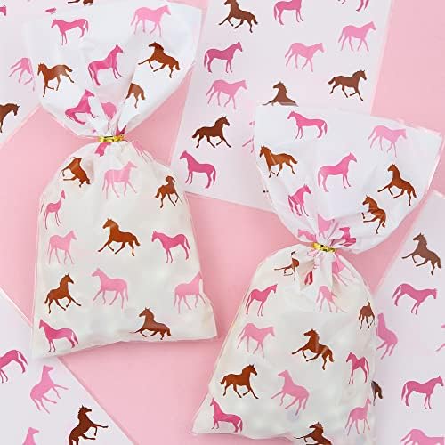 Sacos de celofane de cavalo sacos de cavalo de cavalo 100 peças, rosa Pony Pony Horse Racing em bolsa de tratamento de doces rosa