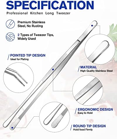 2 PCs Cozinha Tweezer Finer Strings, conjunto de pinças de alimentos em aço inoxidável de 12 '