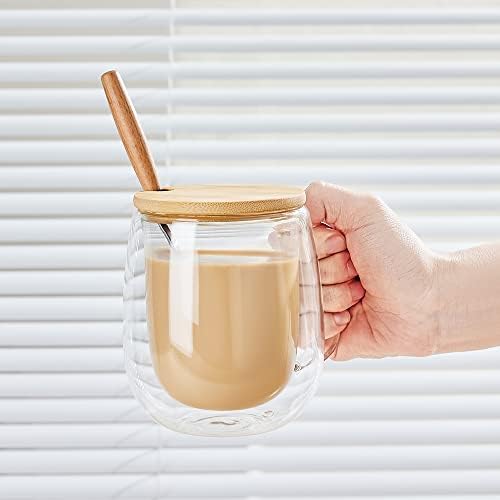 Canecas Copo de café expresso de vidro de 12 onças com colher de tampa - canecas de café transparentes com parede dupla com alça